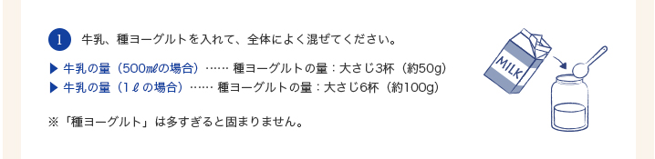 1,牛乳、種ヨーグルトを入れて、全体によく混ぜてください。