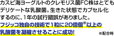 カスピ海ヨーグルトのクレモリス菌FC株はとてもデリケートな乳酸菌。生きた状態でカプセル化するのに、１年の試行錯誤がありました。フジッコ独自の技術で1粒に20億個以上の乳酸菌を凝縮させることに成功！