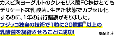 カスピ海ヨーグルトのクレモリス菌FC株はとてもデリケートな乳酸菌。生きた状態でカプセル化するのに、１年の試行錯誤がありました。フジッコ独自の技術で1粒に20億個以上の乳酸菌を凝縮させることに成功！