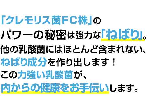 「クレモリス菌FC株」のパワーの秘密はこの「ねばり」。他の乳酸菌にはほとんど含まれない、ねばり成分を作り出します！