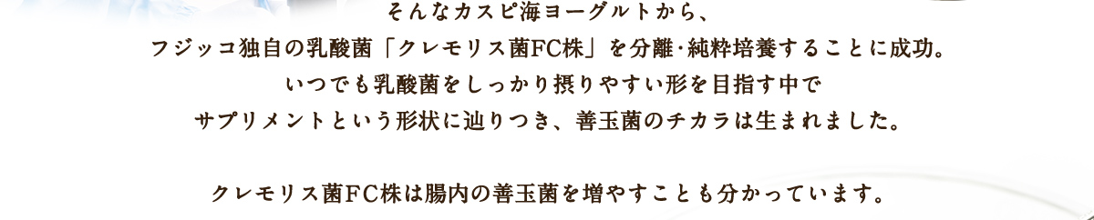 そんなカスピ海ヨーグルトから、フジッコ独自の乳酸菌「クレモリス菌FC株」を分離・純粋培養することに成功。いつでも乳酸菌をしっかり摂りやすい形を目指す中でサプリメントという形状に辿りつき、善玉菌のチカラは生まれました。クレモリス菌FC株は腸内の善玉菌を増やすことも分かっています。